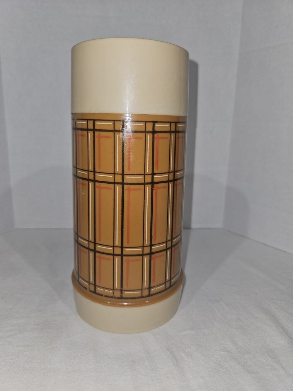 VTG Aladdin Vacuum Thermos Bottle Tan Plaid #Wm4020 10oz Wide Mouth Made in USA